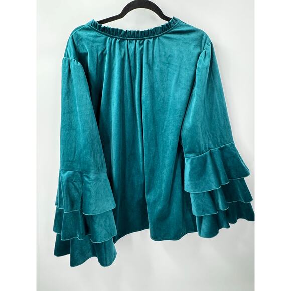 Cato Women's 22/24W Teal Velvet Ruffle Bell Sleeve V-Neck Tassel Dressy Blouse - Picture 3 of 8